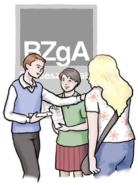 Menschen im Gespräch, im Hintergrund das Logo der BZgA