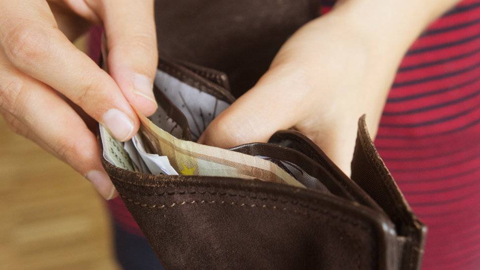 (Quelle: BZgA/HN) Weibliche Hände halten geöffnete Geldbörse mit verschiedenen Geldscheinen